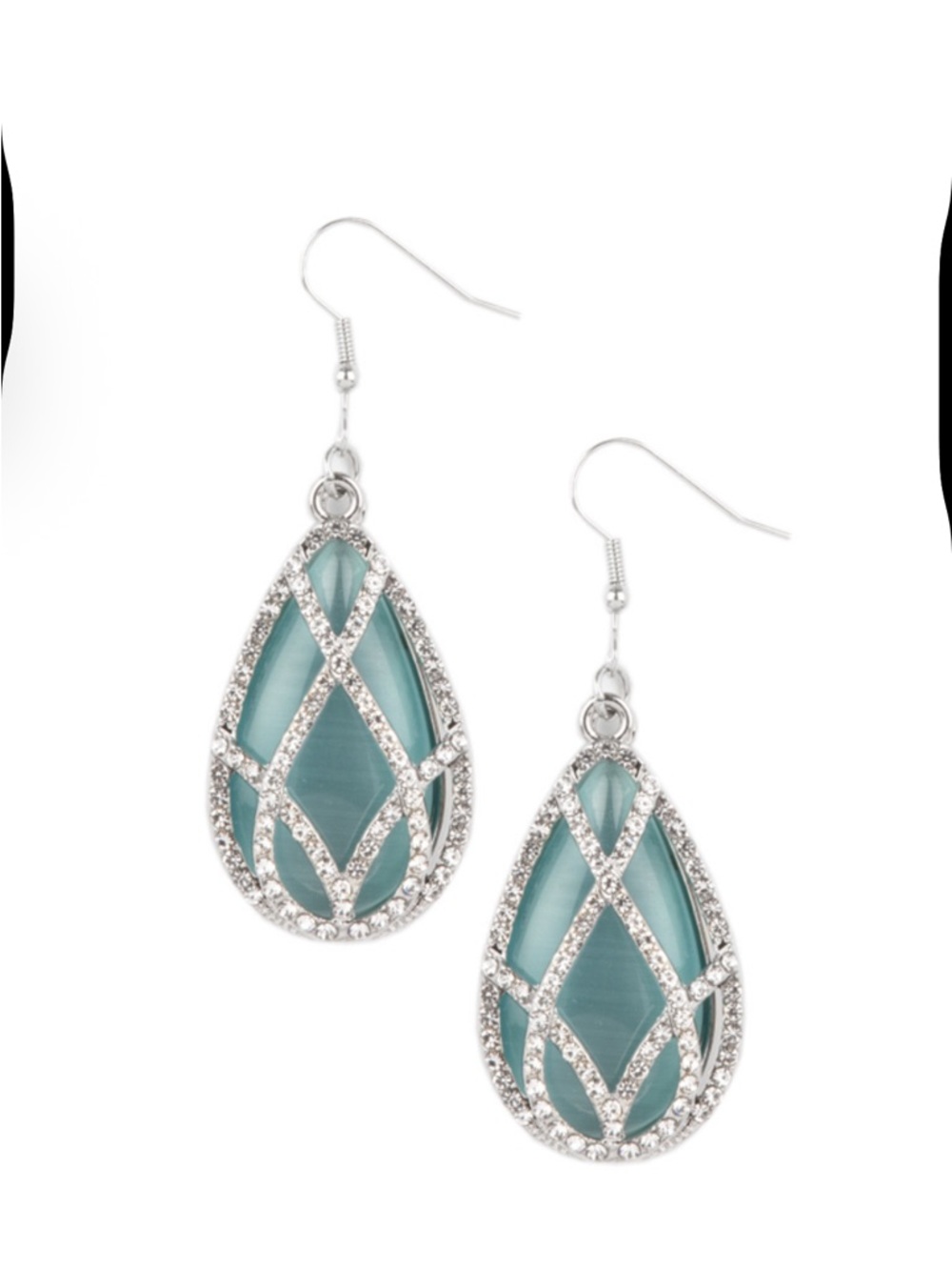 E-20 Silver Teardrop Earrings with Aqua Cat's Eye Inset